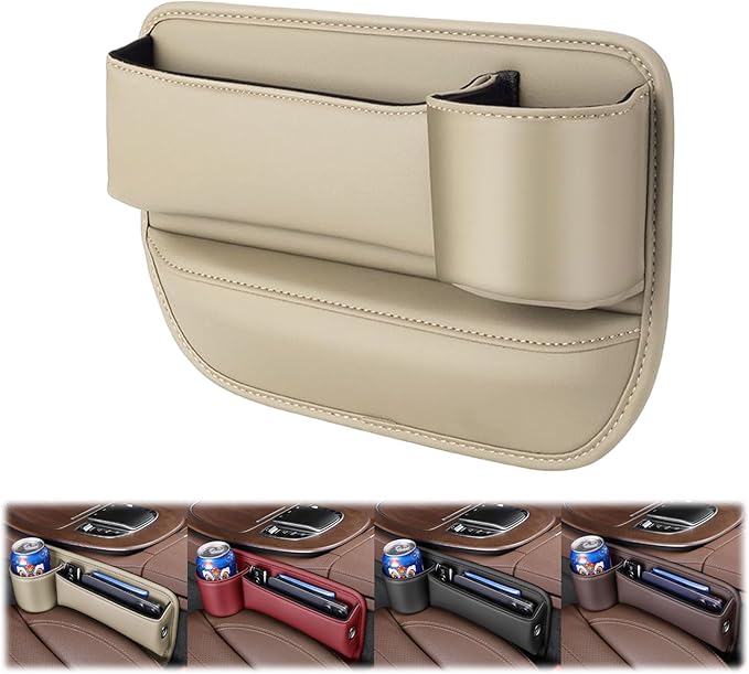 Peticehi Car Leather Cup Holder Gap Bag, No Logo Leather Car Seat Storage Box with Water Cup Holder, Car Seat Gap Filler Organizer (for Passenger seat,Beige)