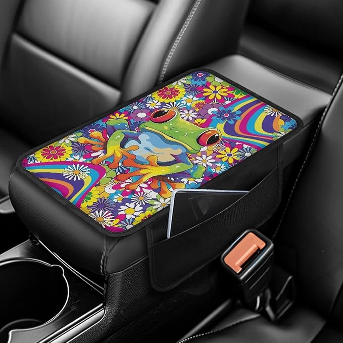 CLOHOMIN Funny Frog Armrest Cover for Car Truck Sedan Hippie Floral Auto Center Console Cover Anti-Scratch Car Center Console Armrest Cushion Accessory with 2 Storage Bags
