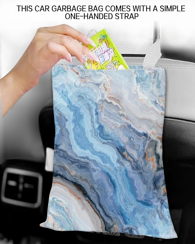 ANKVRP Car Garbage Can, Car Trash Bag, Hanging Car Trash Can Bag for Vehicle, Travelling, Camping, Cute Car Back Seat Organizer, Luxury Blue Marble
