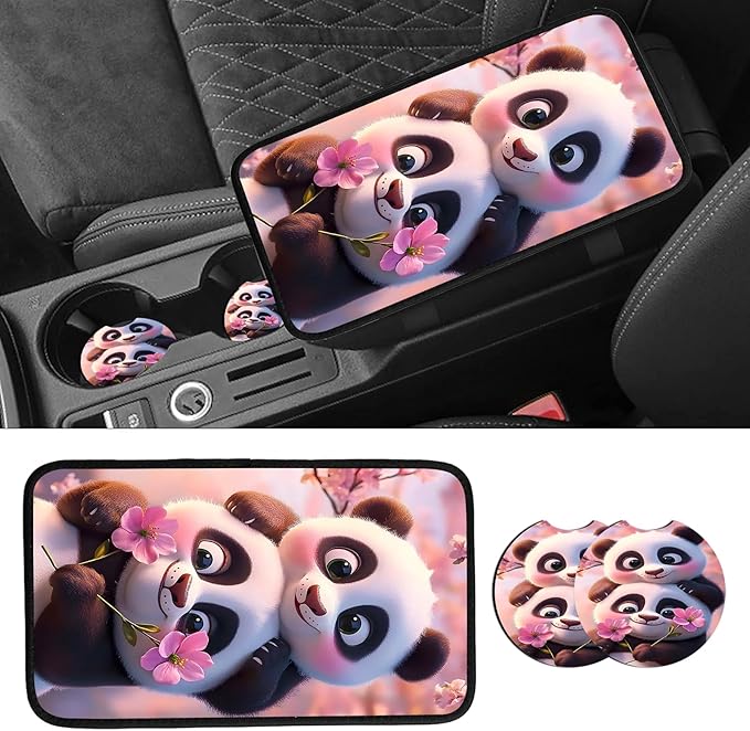 JANENFNA Car Armrest Cover Pads Universal Fashion Cute Auto Center Console Armrest Cover Pad with 2PCS Car Coasters Soft Waterproof Car Armrest Seat Protector for Women,Cute Panda