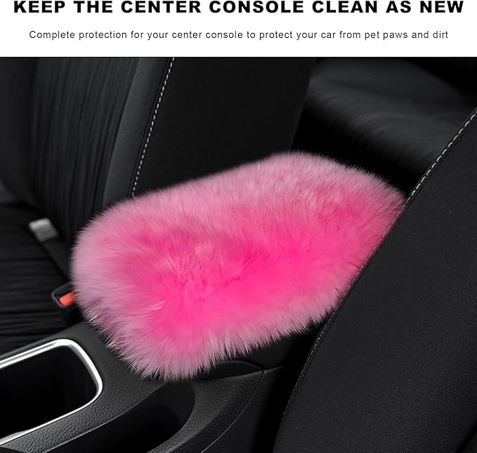 Furry Car Center Console Cover Pad, 11.8"×7.9" Auto Fluffy Plush Center Armrest Protective Cover, Comfortable Fuzzy Armrest Seat Box Protector Cushion for Cars Trucks SUVs (Dark Pink)