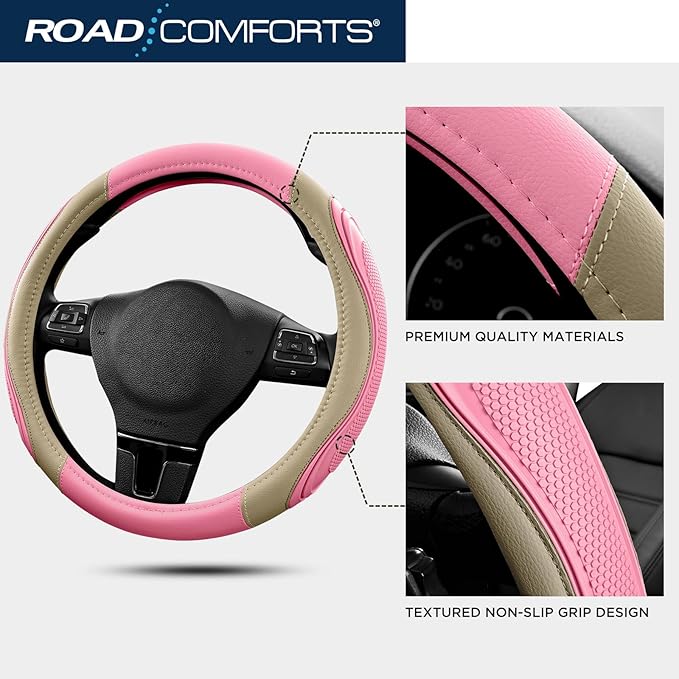 Road Comforts Car Steering Wheel Cover - Microfiber Leather Steering Wheel Wrap Sports 14.5-15 Inch Steering Wheel Cover Non-Slip for Men Women Pink & Beige Color