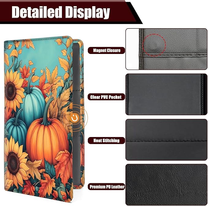 Car Registration Holder, PU Leather Vehicle Glove Box Organizer for Driver License, Document, Car Insurance Holder with Magnetic Shut, Auto Paperwork Wallet Accessories, Autumn Pumpkin Maple Leaves