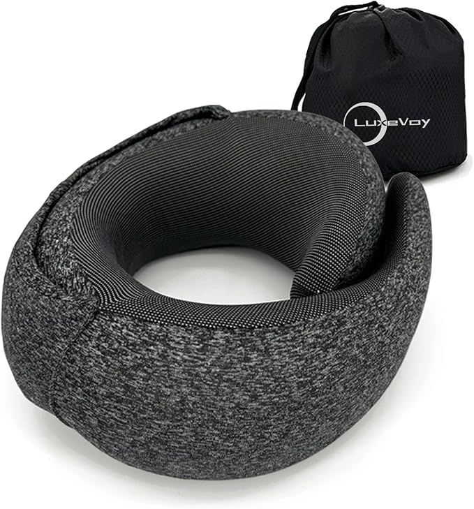 2025 Travel Neck Pillow,Stowable Hood,Ergonomic Neck Pillow Airplane,Premium Memory Foam,360º Support,Adjustable Fit,Washable Cover,Complete Travel Set,for Flight,Car and Office (Bright black)