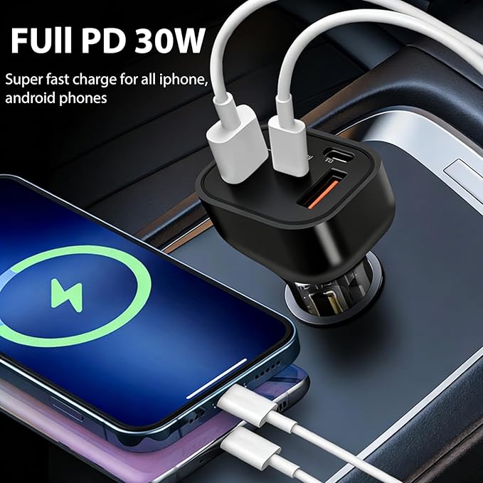 Full PD 30W Multi Port USB C Car Charger Adapter 5 in 1 with Voltage Display, PD4.0/QC4.0/PPS/AFC Super Fast Charging Cigarette Lighter Adapter with Volt Meter for MacBook iPhone Galaxy Android Phones