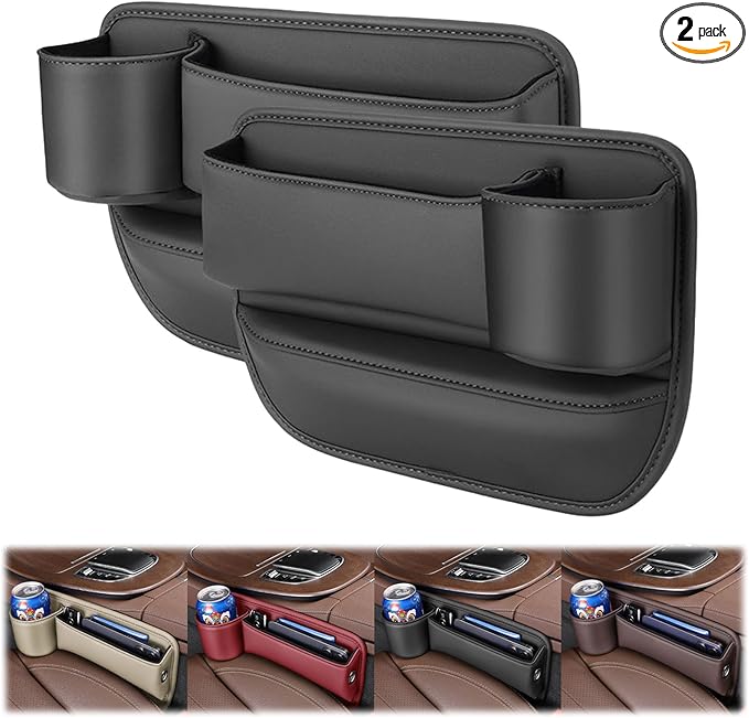 Peticehi Car Leather Cup Holder Gap Bag, No Logo Leather Car Seat Storage Box with Water Cup Holder, Car Seat Gap Filler Organizer (for 1 Pair,Black)