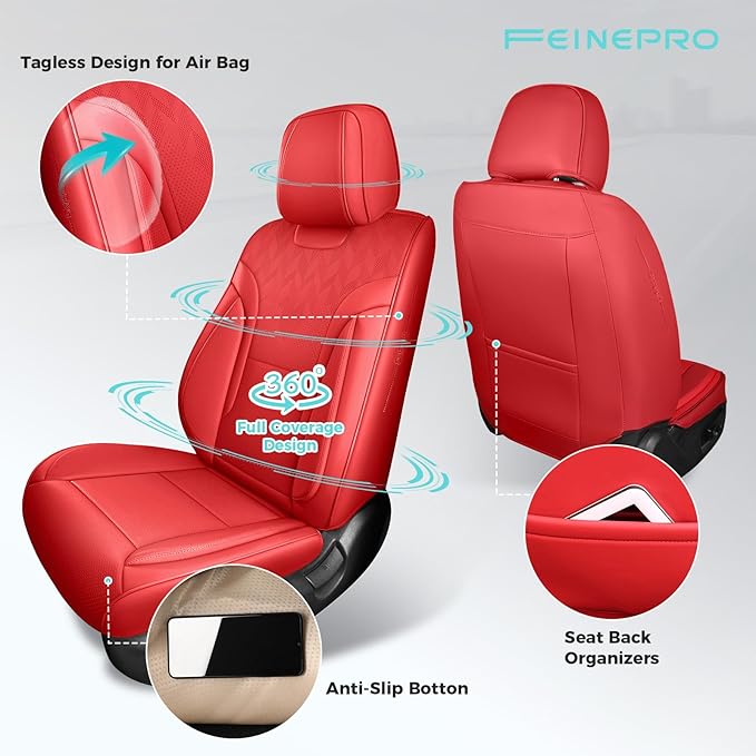FEINEPRO Red Car Seat Covers Full Set - Breathable Faux Leather Universal 5 Seat Covers for Cars, Automotive Protector Fit for Most Sedan SUV Pick-up Truck