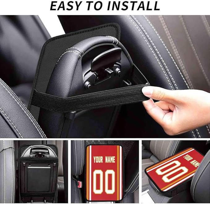 Custom Car Armrest Cover,Add Personalized Name and Number As Gifts for Loyal Football Fans,American Football Auto Center Console Pad Car handrail Box Cushion,Fit for Most Car Seat Box Cover Protector