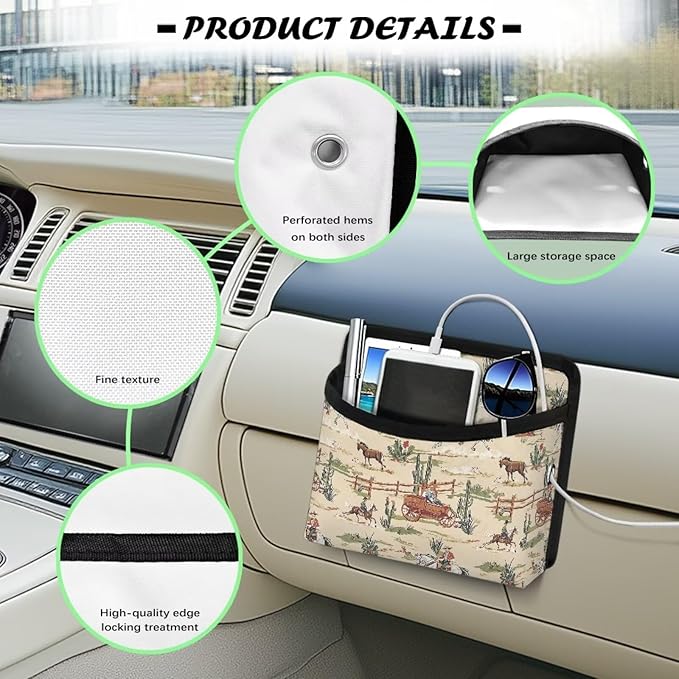 Renewold Car Side Pocket Organizer, Cowboy Cactus Print, Auto Front Rear Seat Storage Bag for Cell Phone Sunglasses Coins, Document Holder Tray Pouch for Vehicle Seat, Women Men Car Accessories