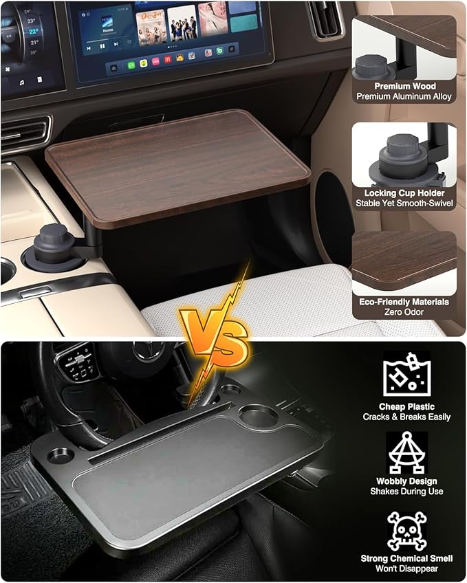 Car Tray Table & Car Laptop Desk with 360° Rotation & Phone Holder - Wooden Cup Holder Table, Car Laptop Mount & Food Tray Compatible with Tesla Model Y/3/S and Most Vehicles