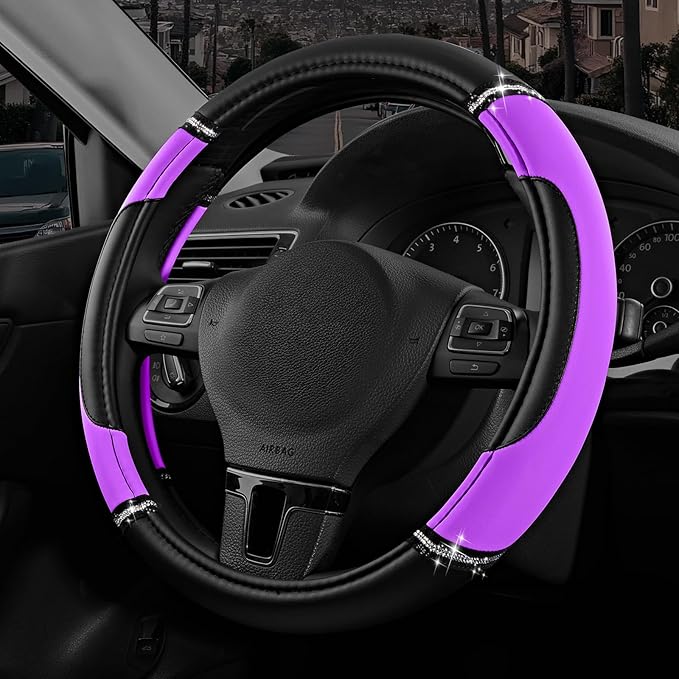 Road Comforts Leather Steering Wheel Cover - Made with PVC Leather - Anti-Slip, Universal Fit 14 1/2 inches to 15 inches - Purple