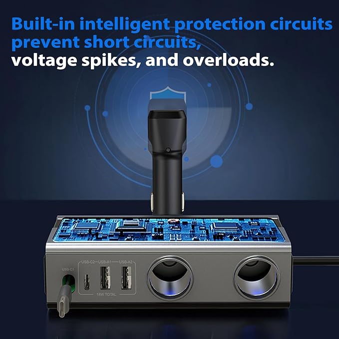 9 in 1 Cigarette Lighter Splitter Adapter with Retractable Phone Charger, 120W 3 Socket Heavy Duty Truck Car USB Chager Multi Port with PD/QC Charge USB C 12V/24V Independent Switches for Car Devices