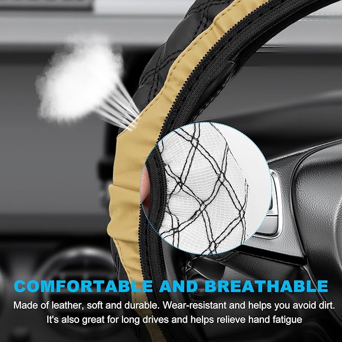 Car Steering Wheel Cover, 15 Inches Non-Slip Leather Car Steering Wheel Protector, Universal Steering Wheel Soft Cover Mats for Car Truck SUV, Interior Car Accessories (Beige)