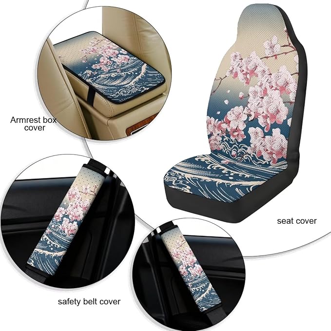 Oramclsy Cherry Blossom Car Seat Covers Set with PU Breathable Armrest Pad Seatbelt Pad 5 Pack Car Accessories Interior Decor Universal Size