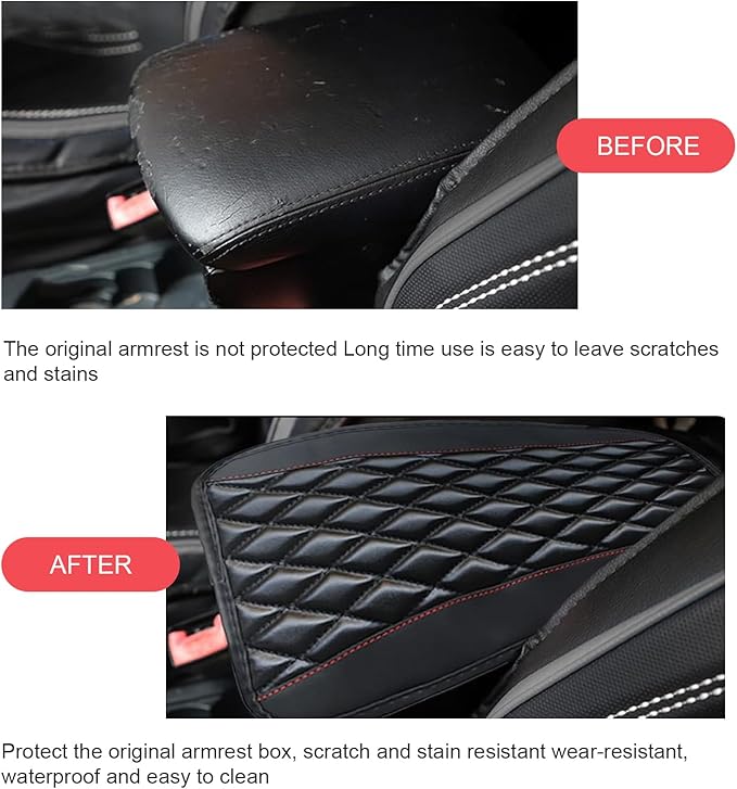 Car Center Console Cover, Patchwork Leather Center Console Cushion Pad, Waterproof Dustproof Auto Armrest Seat Box Cover Protector, Comfortable Armrest Pad for Car, Sedan, SUV, Van (Black)