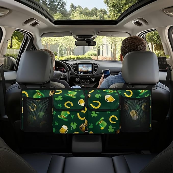 St. Patrick Day Theme Hanging Car Trunk Organizer with Lid Suv Seat Back Storage Bag with Green Hat/Leaves/Beer/Horseshoe Pattern