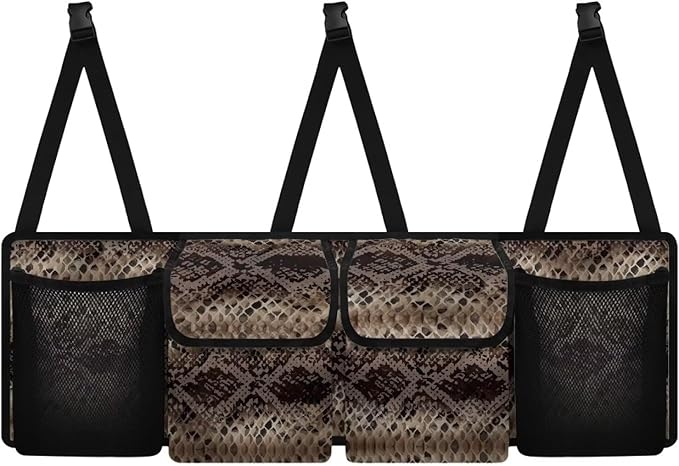 SEANATIVE Brown Snake Skin Back Seat Trunk Organizer Hanging Car Organizer Trunk Foldable Cargo Storage with 4 Large Pockets 3 Adjustable Straps Car Interior Accessories 37.01x11.81inch