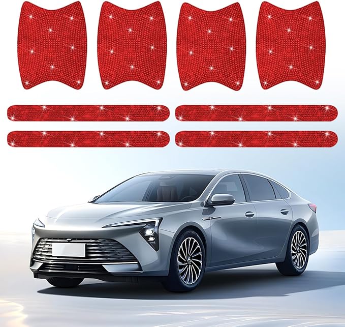 Mandark 8PCS Bling Car Door Handle Protector, Crystal Rhinestone Vehicle Door Bowl Protective Sticker, Glitter Anti-Scratch Auto Decor Decals Accessories, Universal for SUV, Sedan, Truck (Red)
