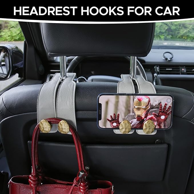 URIZZD 4 PCS Leather Car Seat Hooks for Headrest, Vehicle Hanger Storage Organizer Universal for Handbag Purse, Car Accessories Gift (Grey-Gold-4 PCS)