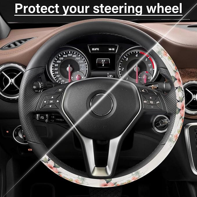 Steering Wheel Cover Neoprene Material Most Cars Men&Women Universal 15 inch Premium Non-Slip Spring Steering Wheel Protector Floral Car Accessories