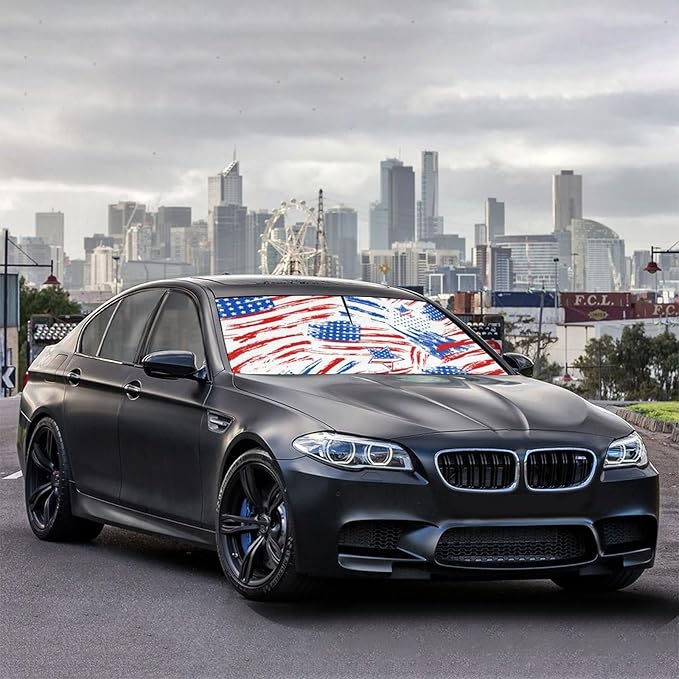 DOPINDU American Flag Car Windshield Sun Shade Umbrella Bendable Handle Foldable Funny Sunshade for Car Windshield Block UV Rays Keep Vehicle Cool for Most Sedans SUV Trucks Cars 57"x30"