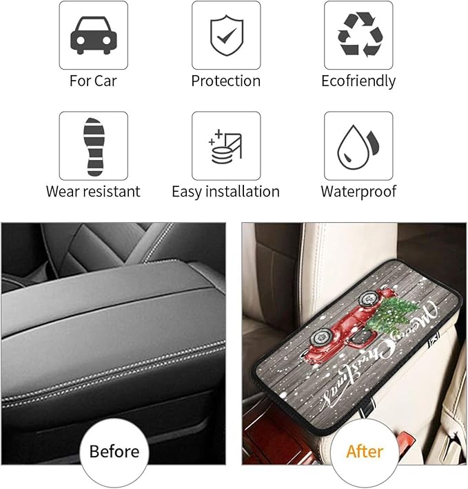 DORKEIXIA Farm Rustic Vintage Retro Old Merry Christmas Red Truck Auto Center Console Armrest Pad Universal Car Center Console Cover Seat Box Cover for Sedan, Van, SUV, Truck Car Accessorie
