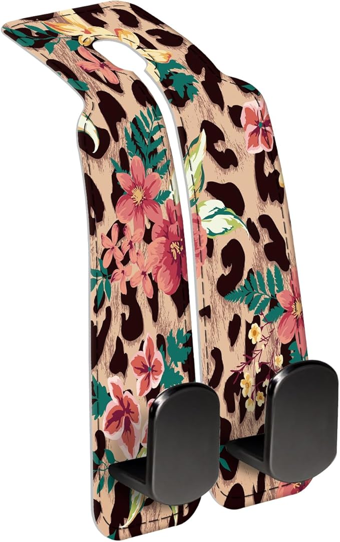 AXBSAKDI Car Seat Back Storage Headrest Hook, Premium Leather Double Metal Hook, Hanger Storage Organizer for Purse Cloth Bag, Car Interior Accessories Cute Flower Leopard