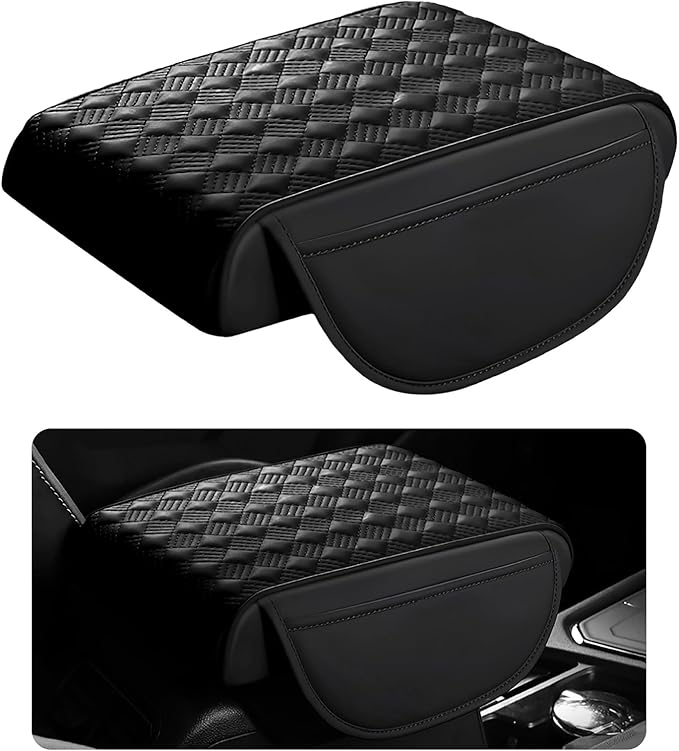 Hbxdeco Car Armrest Cushion, 12.2"×8.3" Leather Auto Memory Foam Center Console Pad with Storage Pocket, Waterproof & Anti-Scratch Elbow Pillow Armrest Seat Box Protector, Universal Fit (Black)