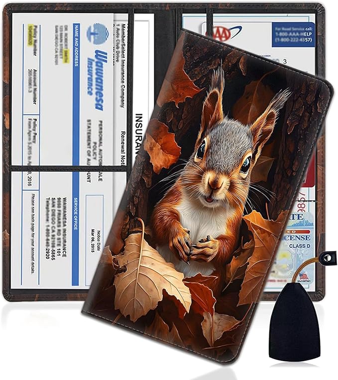 Car Registration Holder, PU Leather Vehicle Glove Box Organizer for Driver License, Document, Car Insurance Holder with Magnetic Shut, Auto Paperwork Wallet Case Accessories, Cute Squirrel Pattern