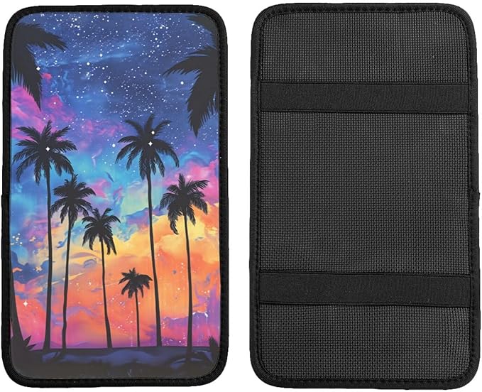 Universal Car Center Console Cushion Pad, Coconut Trees Night Sky Soft Waterproof Car Center Console Cover Auto Armrest Seat Box Cover Protector for Most Vehicle SUV Truck Car