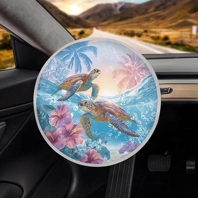 Tropical Steering Wheel Sunshade for Car Sea Turtle Car Rudder Sun Cover Foldable Steering Cover 17 Inch Fit Most Car SUV Van Summer Essential Gift for Friends