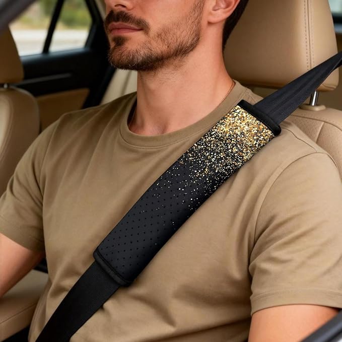 FUSURIRE 5Pcs Car Accessories Set Golden Sequins Print PU Front Seat Covers, Seat Belt Covers & Center Armrest Pad Universal FIT for Car, SUVs,Van,Small Trucks