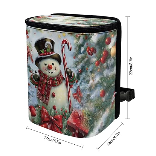Christmas Snowman Printed Car Trash Can with Zipper Lid - 1.2 Gallons Car Garbage Bin Hanging for Back of Front Seats or Tail of Console, Easy to Install, Multi-Scene Use for Car or Camping