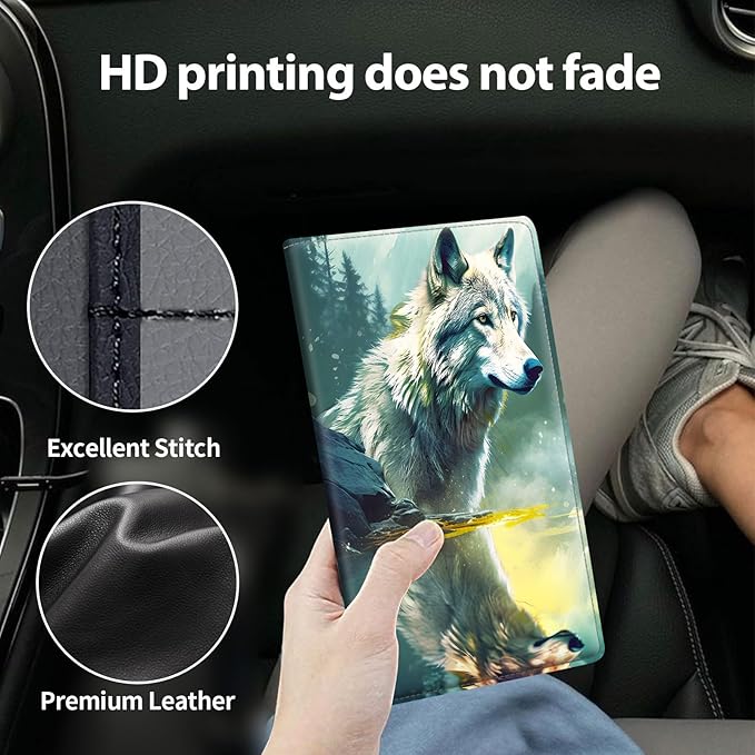 Mxfdegf Car Registration & Insurance Holder, Leather Glove Box Organizer, Cool Accessories for ID, Driver's License Cards & Essential Documents, Business Cards, Men & Women, Forest Wolfs