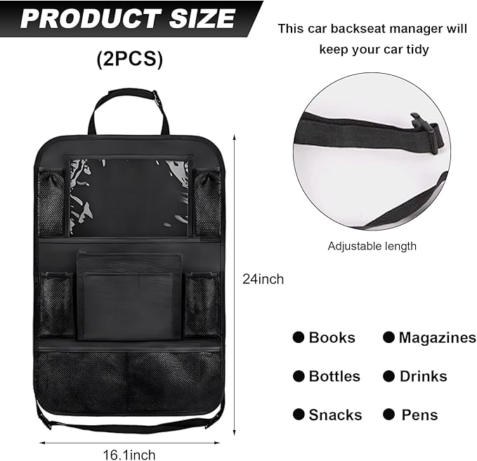 2 PCS Car Backseat Organizer, Heavy Duty Seat Back Storage Bag with Touch Screen Tablet Holder, Waterproof Kick Mats Back Seat Protector for Kids Toddlers, Car Accessories (Normal)