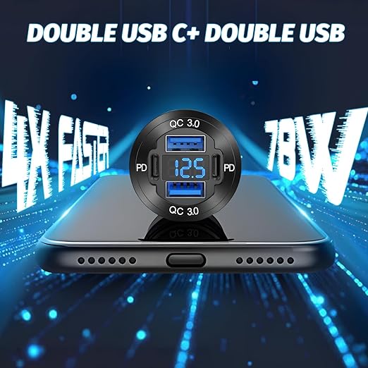 12 Volt USB Charger, 12v USB 4-Port Aluminum Alloy USB C Outlet with LED Voltmeter,Dual PD3.0 & QC3.0 for 12/24V Car Golf Cart Boat Marine Bus Truck RV Marine Motorcycle etc (Pack of Two)
