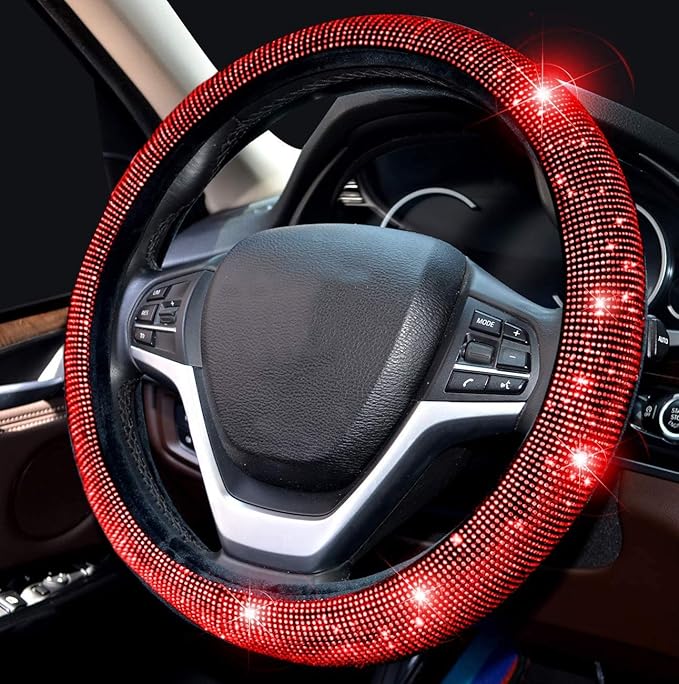 Valleycomfy Steering Wheel Cover for Women Bling Bling Crystal Diamond Sparkling Car SUV Wheel Protector Universal Fit 15 Inch (Black with Red Diamond,Standard Size(14" 1/2-15" 1/4))