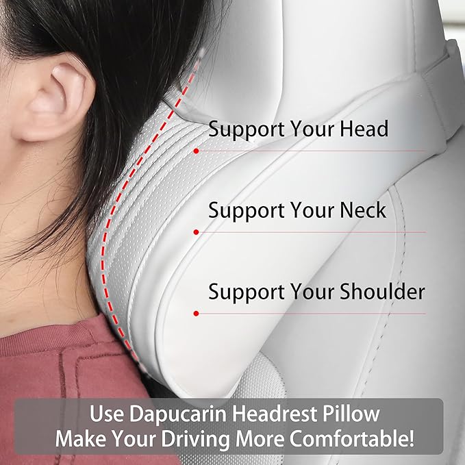 Dapucarin Car Headrest Memory Foam Neck Pillow for Driving with Leather Cover Soft Comfortable Seat Head Pillow Cushion for Most Cars SUV Sedan Home Office, White, 2PC