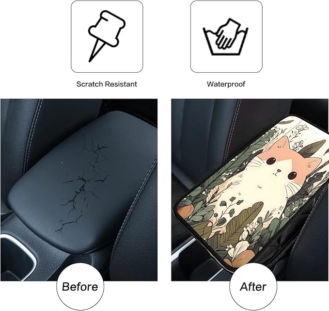 JANENFNA Car Armrest Cover Pads Universal Fashion Cute Auto Center Console Armrest Cover Pad with 2PCS Car Coasters Soft Waterproof Car Armrest Seat Protector for Women,Cute Cat in Flowers