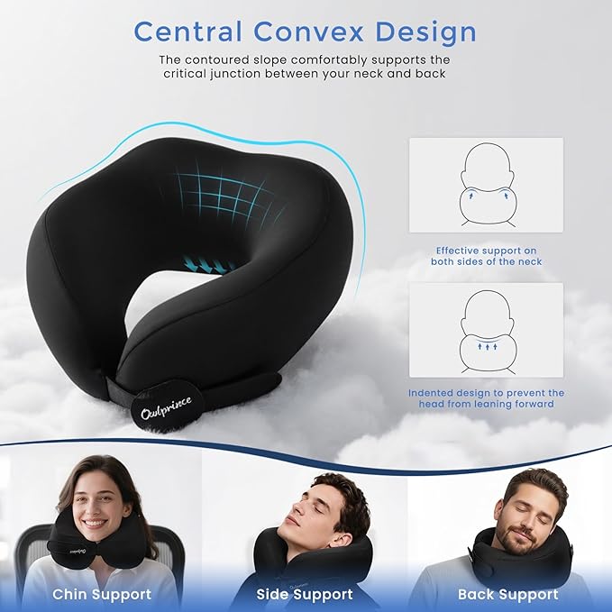 Owlprince Travel Neck Pillow for Airplane, Neck Travel Pillow, Upgraded Soft 100% Pure Memory Foam - Lightweight and Stowable - Ergonomic Design for Long Flights, Car, Train, Office Use