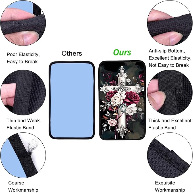 JANENFNA Car Armrest Cover Pads Universal Fashion Cute Auto Center Console Armrest Cover Pad with 2PCS Car Coasters Soft Waterproof Car Armrest Seat Protector for Women,Rose on Cross