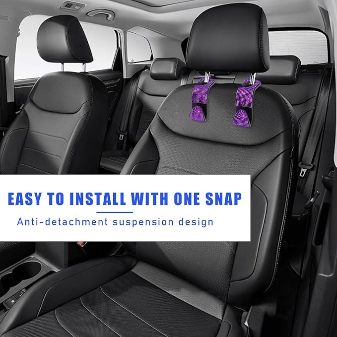 4 PCS Bling Car Seat Headrest Hooks, Crystal Rhinestone Back Seat Hanging Storage Organizer, Vehicle Seat Hanger Holder for Purse Handbag Coat, Interior Car Accessories (Purple)