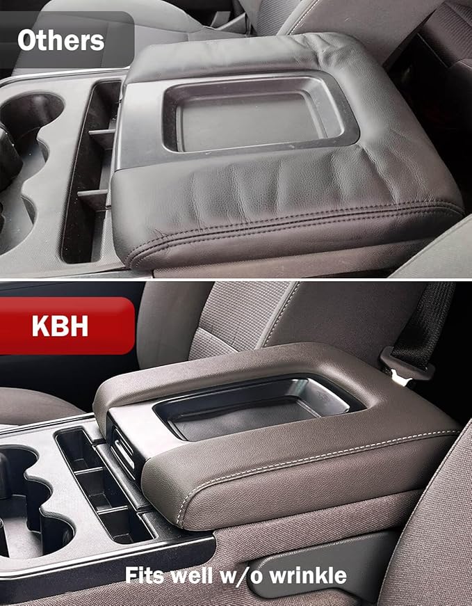 KBH Center Console Armrest Cover Replacement for Chevy Silverado & GMC Sierra 1500 2500 3500 2014-2018, Vinyl Leather Upholstery, Split Bench Jump Seat (Cocoa Dune Brown)