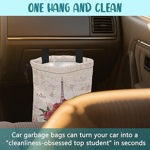 KXWQTRDD Car Trash Bag Pink Eiffel Tower and Roses Leak-Proof Waterproof Car Garbage Bag with Drawstring Foldable Canvas Trash Bin with Adjustable Buckle for Car Accessories, Travelling, Camping