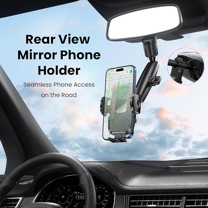 Phone Holders for Your Car, Rear View Mirror Phone Holder, 360° Rotating Car Phone Holder Mount Compatible with All 4"-7" iPhone and Android Cell Phones