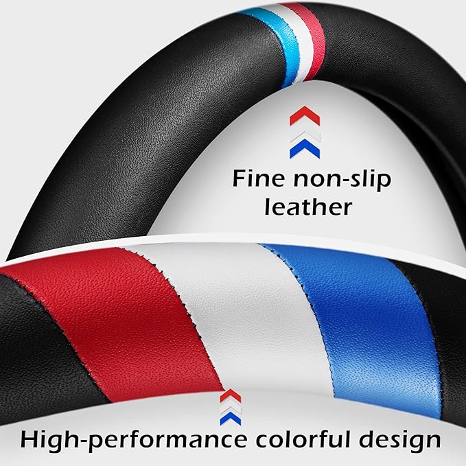 Nappa Leather Car Steering Wheel Cove Sports Protector Non-Slip Leather Steering Wheel 15 Inch Universal Red, White, Blue, Black