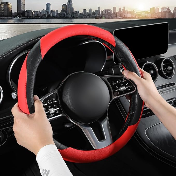 Car Steering Wheel Cover, Leather Steering Wheel Cover,Universal 15 inch Anti-Slip Comfortable Steering Wheel Covers Men Women (Red)