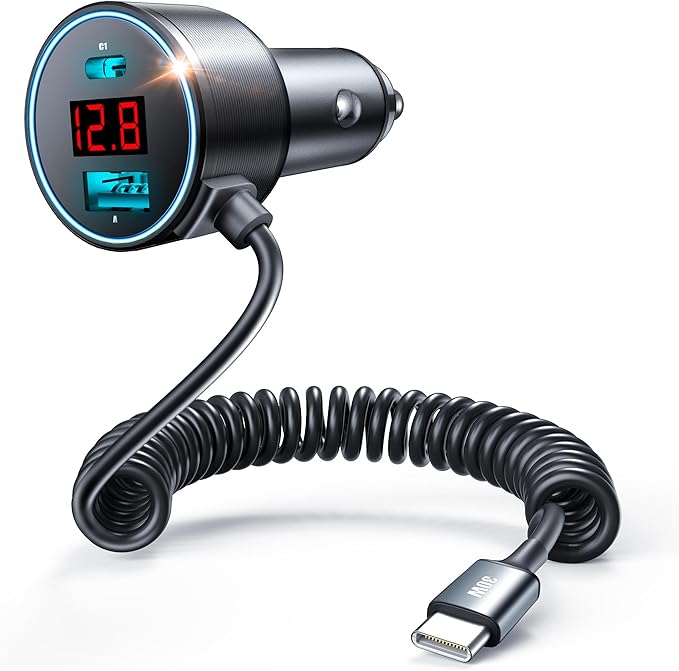 USB C Car Charger, 75W Metal 3-Port Super Fast Car Charger Adapter PD & QC3.0 Built-in 6ft Type C Coiled Cable for Samsung Galaxy S22/21 iPhone iPad Pro Pixel Android Phones