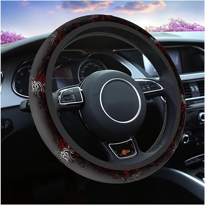 Swono Car Steering Wheel Covers Red Black Floral Beautiful Floral at The Border Creative Design Universal for Women Girls Soft Neoprene Anti-Slip Car Accessories for Most Sedan Van SUV