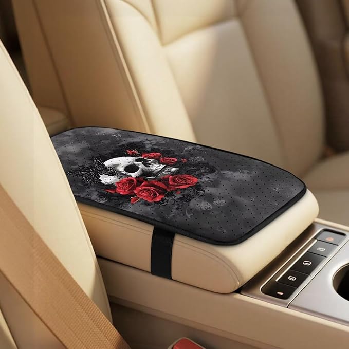 Oramclsy Skull PU Breathable Car Seat Accessories Set Rose Pattern Universal Set and Armrest Pad and Seat Belt Pads Full Set of 5 Pack